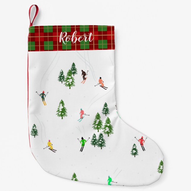  Name Alpine Skiers Skiing Ski Winter Trees  Small Christmas Stocking (Front)