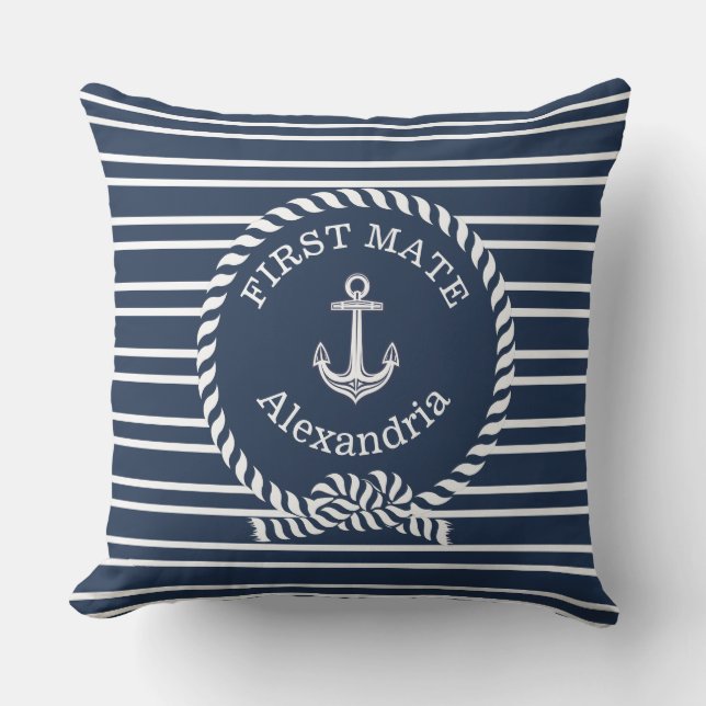  Name Anchor Rope Navy Blue First Mate Outdoor Pillow (Front)