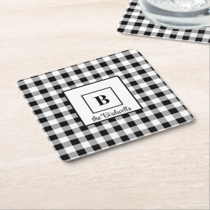 Name and Initial, Black & White Buffalo Check (6) Square Paper Coaster