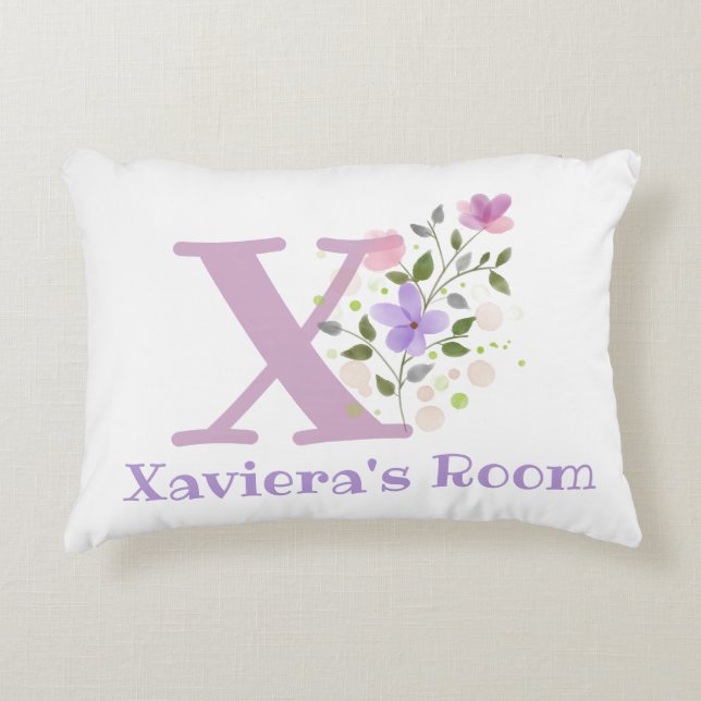 Name and Initial on a Floral Design. Pretty Accent Pillow (Front)