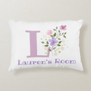 Name and Initial on a Floral Design. Pretty Accent Pillow