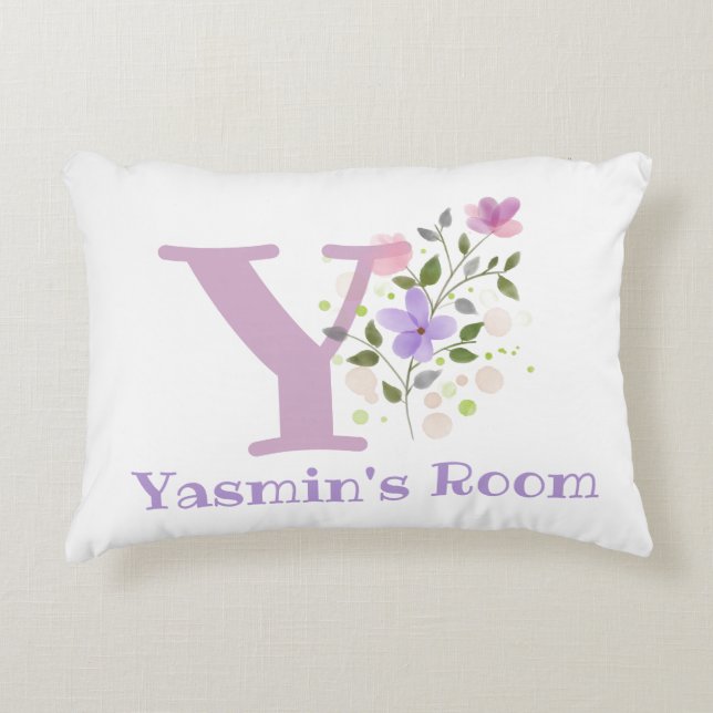 Name and Initial on a Floral Design. Pretty Accent Pillow (Front)