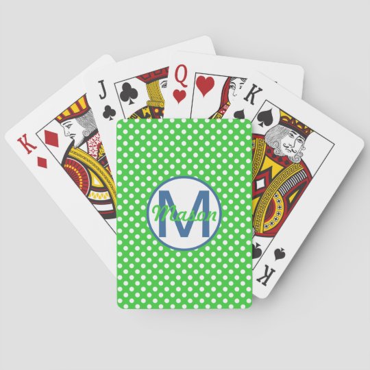 Name and Initial, Polka Dots with Blue and Green Playing Cards