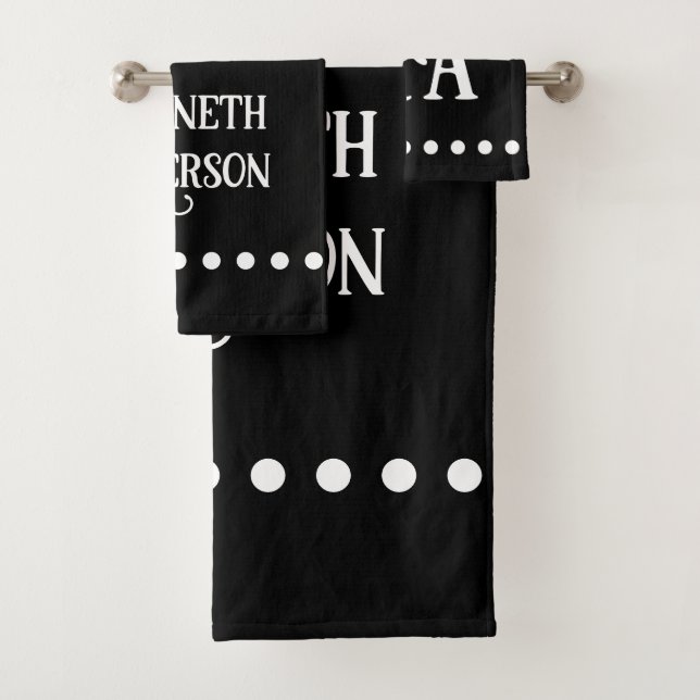 Name and Initials Black and White Dots Bath Towel Set (Insitu)