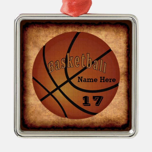 Name and Jersey Number Vintage Basketball Ornament (Front)