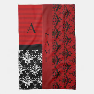 Name and monogram red damask stripes kitchen towel