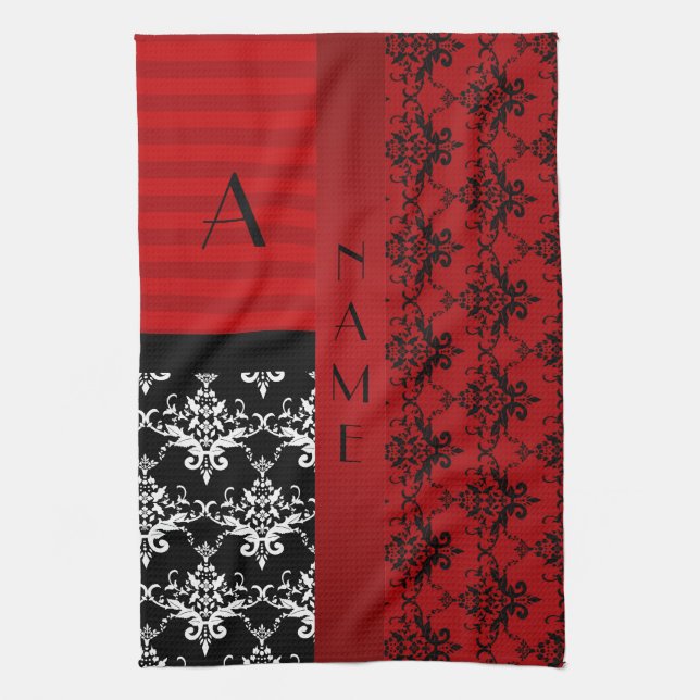Name and monogram red damask stripes kitchen towel (Vertical)