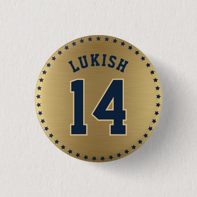 Name and Number Navy Blue and Gold Veteran  1 Inch Round Button (Front)