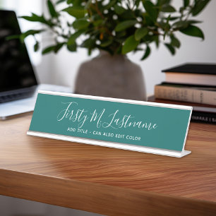 Name and Title Calligraphy - CAN EDIT teal COLOR Desk Name Plate