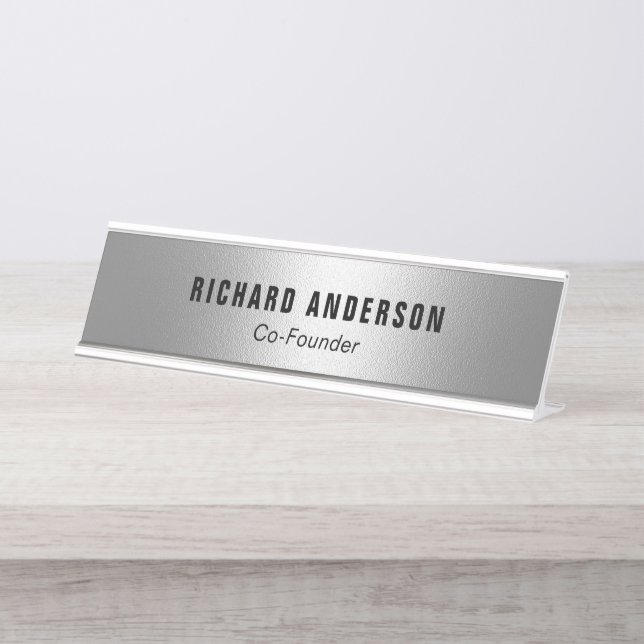Name and Title Modern Silver Professional Desk Name Plate (Front)