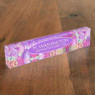 NAME and TITLE Pink Floral Watercolor Tulip Nameplate