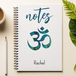 Name, Aqua Bird Feather Pattern Om Symbol Notebook