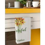Name, Autumn Paper Quilled Flowers, grateful, Kitchen Towel<br><div class="desc">Autumn paper quilled flowers by me with "grateful" message and personalized with name decorates this unique kitchen towel. The background is a platinum colour. The actual paper quilled piece is approximately 5" tall and 3.5" wide. Even with the sizeable enlargement of the print on this project, the image’s details can...</div>