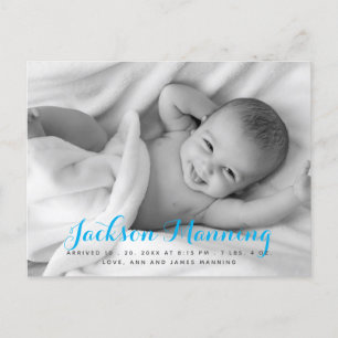 Name Baby Boy Blue Script Photo Announcement Postcard