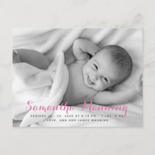 Name Baby Girl Pink Script Photo Announcement Postcard