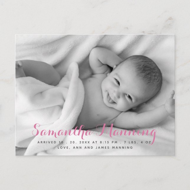 Name | Baby Girl Pink Script Photo Announcement Postcard (Front)