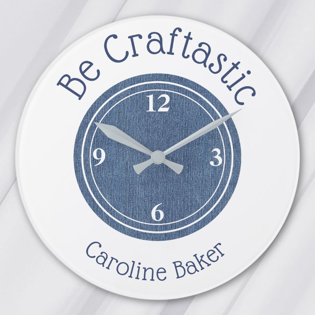 Name, Be Craftastic Blue Denim Print Round Large Clock (Creator Uploaded)