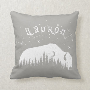 Name Bison Buffalo Grey White Stars Galaxy Moon Throw Pillow