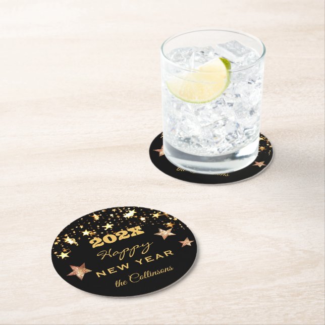 Name, Black & Gold 'Happy New Year' Round Paper Coaster (Insitu)