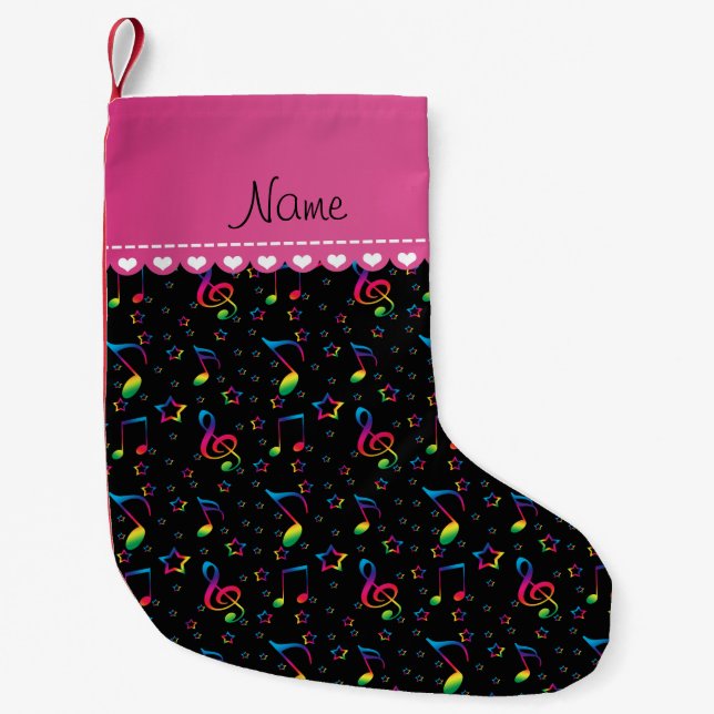 Name black rainbow music notes stars small christmas stocking (Front)