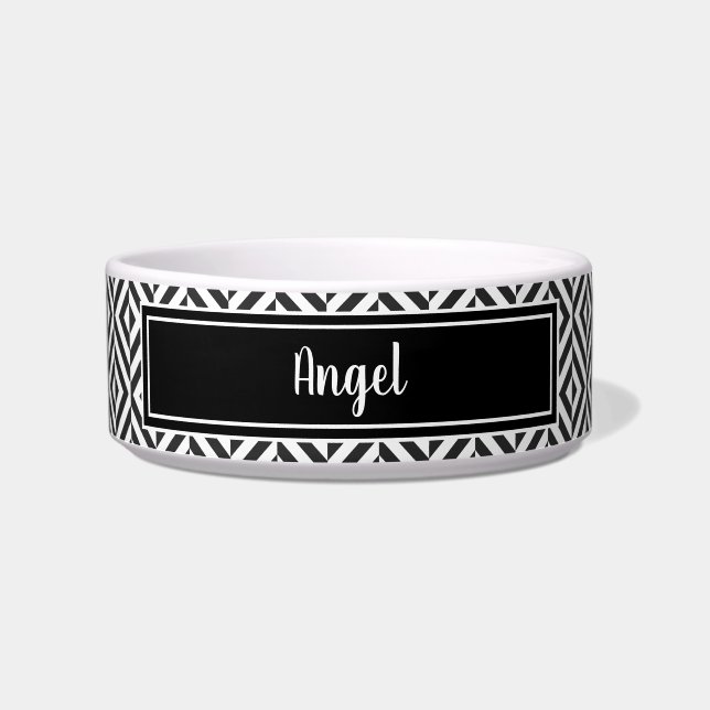Name Black & White Diamond Pattern Pet Bowl (Front)