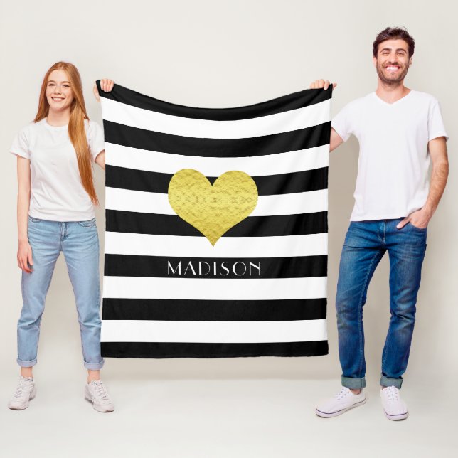 Name Black White Gold Heart Pattern Print Fleece Blanket (In Situ)