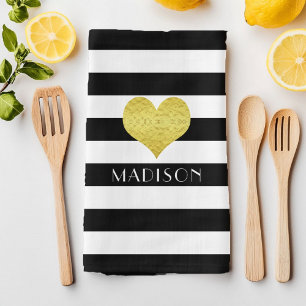Name Black White Gold Heart Pattern Print Kitchen Towel