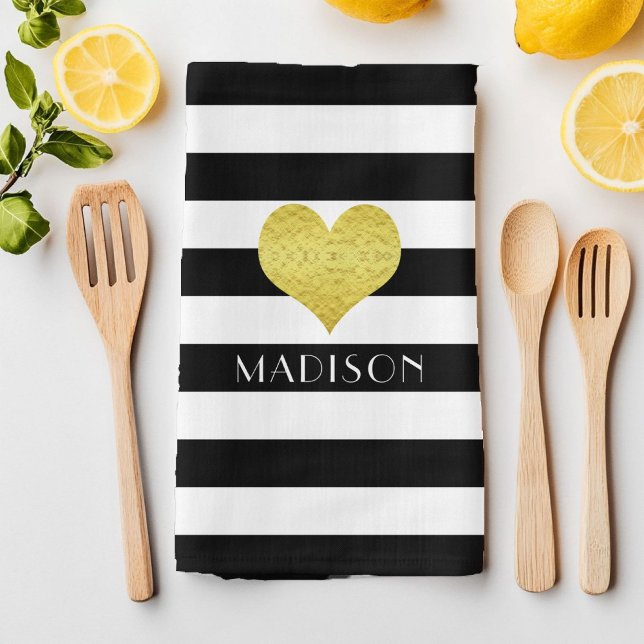 Name Black White Gold Heart Pattern Print Kitchen Towel (Name Black White Gold Heart Pattern Print Kitchen Towel)