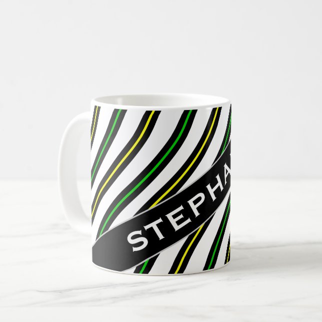 Name + Black, Yellow & Green Wavy Lines Pattern Coffee Mug (Front Left)