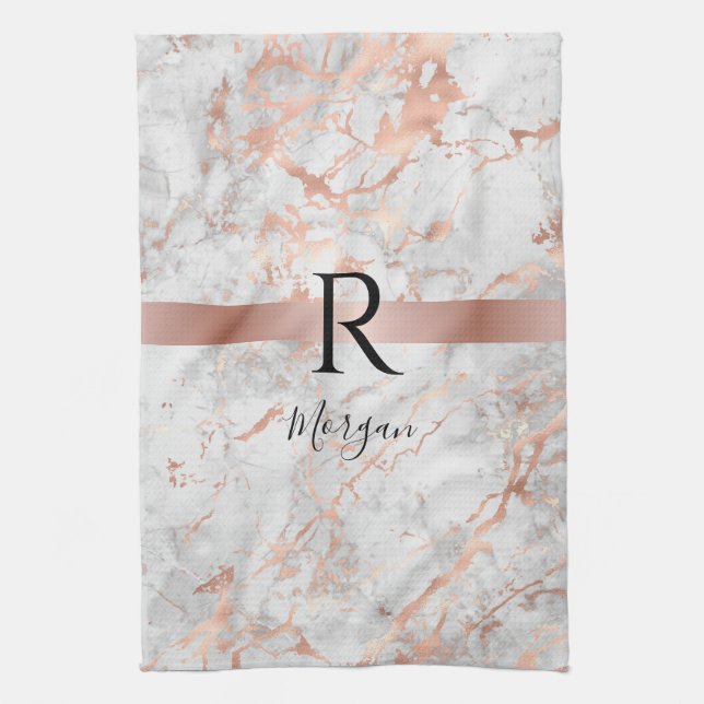 Name/Blk Monogram, White & Rose Gold Marble, Vs 2 Kitchen Towel (Vertical)