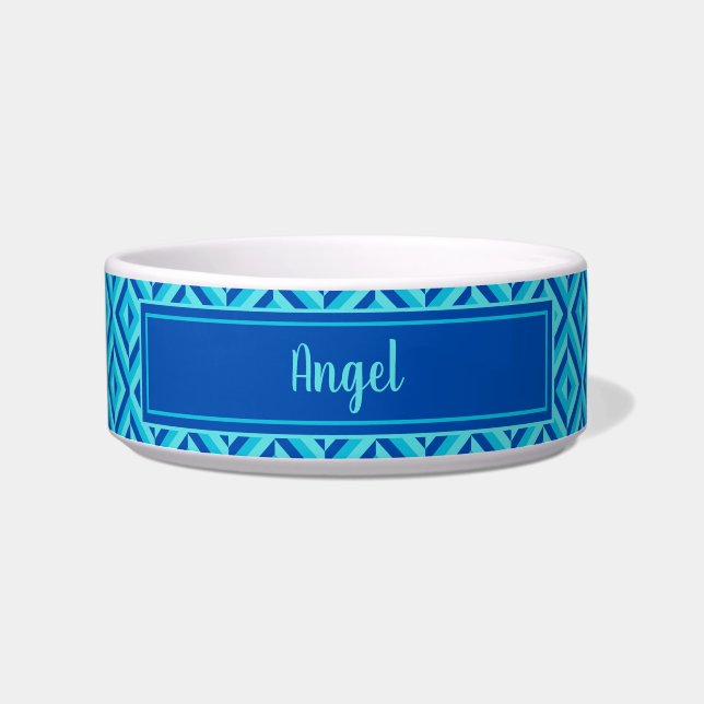 Name Blue Three-Tone Diamond Pattern Pet Bowl (Front)