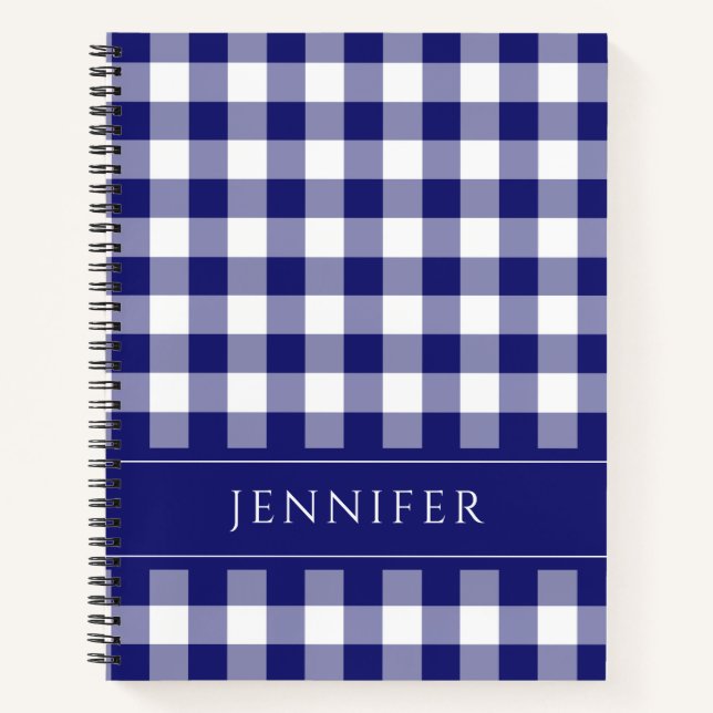 Name Blue & White Gingham Chequered Pattern Notebo Notebook (Front)