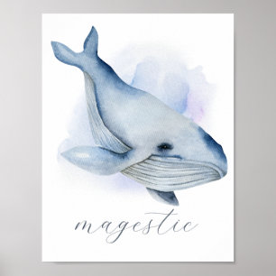 Name Blue White Watercolor Baleen Humpback Whale Poster