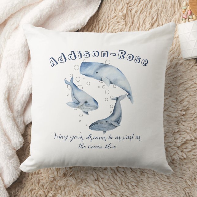 Name Blue White Whale Ocean Theme Nursery  Throw Pillow (Blanket)