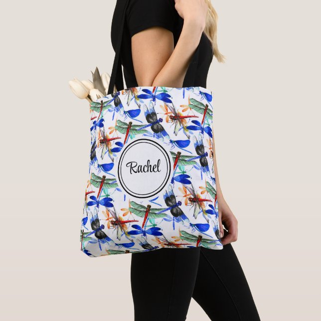 Name Bold Watercolor Dragonfly Pattern 16-in Tote Bag (Close Up)