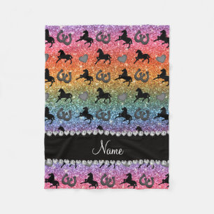 Name bright rainbow glitter horses heart horseshoe fleece blanket