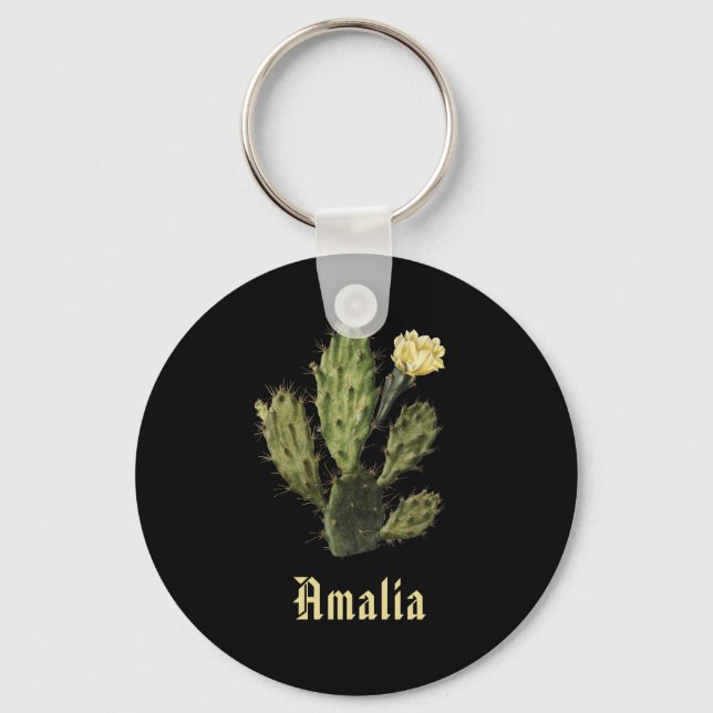 Name Cactus Flower Vintage Drawing Black Keychain (Front)
