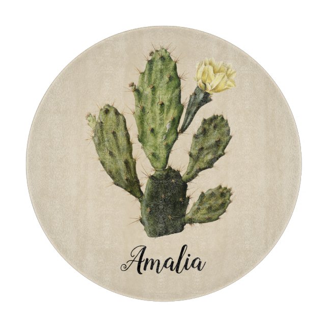 Name Cactus Flower Vintage Glass Cutting Board (Front)