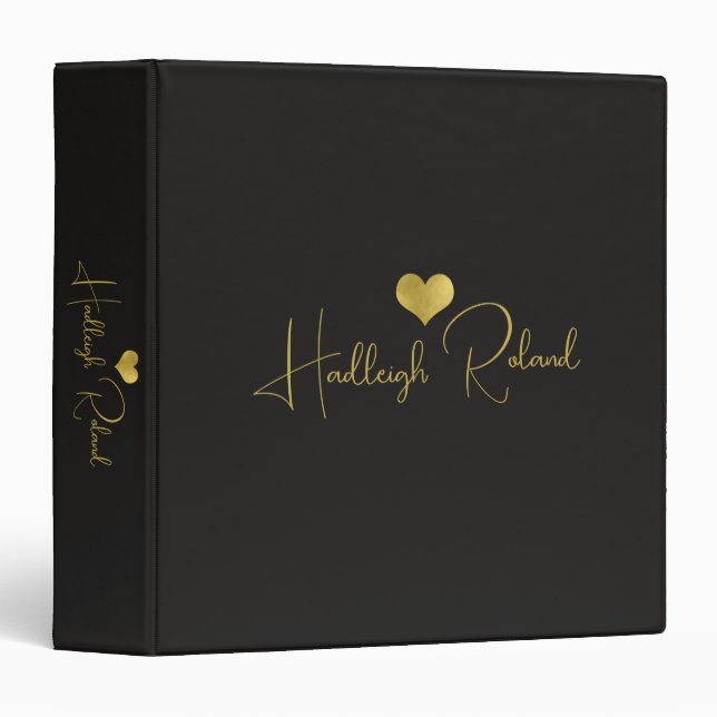 Name Calligraphy Monogram Gold Black Heart Binder (Front/Spine)