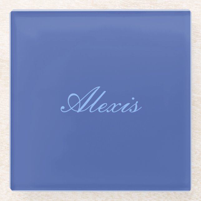 Name Calligraphy Script Plain Simple Blue Glass Coaster (Front)