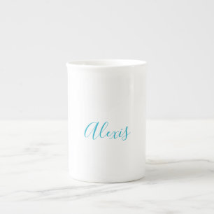 Name Calligraphy Script Plain Simple White Blue Bone China Mug