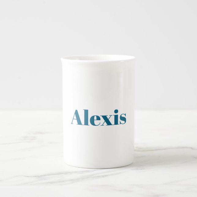 Name Calligraphy Script Plain Simple White Blue Bone China Mug (Front)