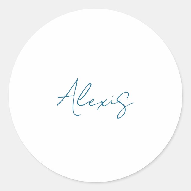 Name Calligraphy Script Plain Simple White Blue Classic Round Sticker (Front)