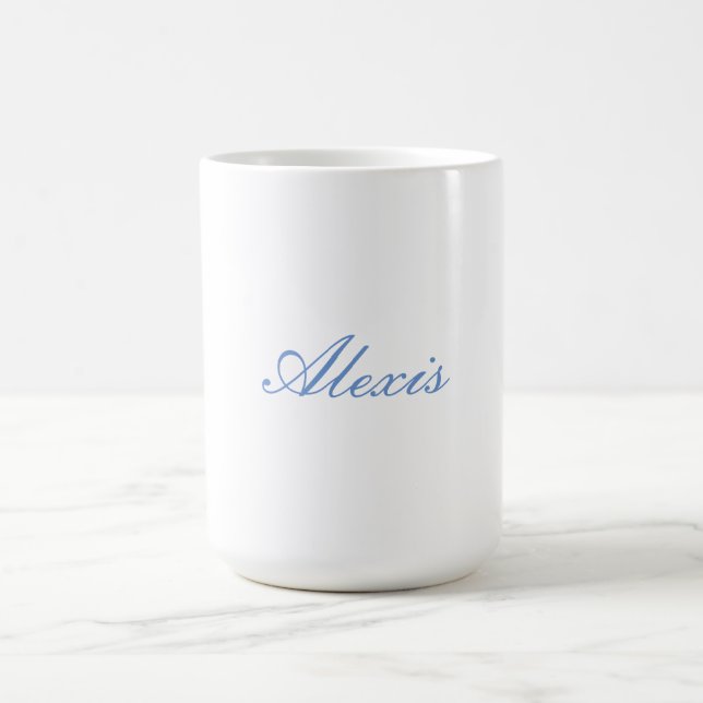 Name Calligraphy Script Plain Simple White Blue Coffee Mug (Center)
