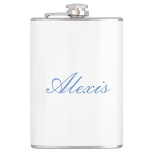 Name Calligraphy Script Plain Simple White Blue Hip Flask
