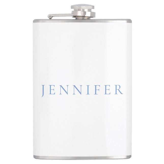 Name Calligraphy Script Plain Simple White Blue Hip Flask (Front)