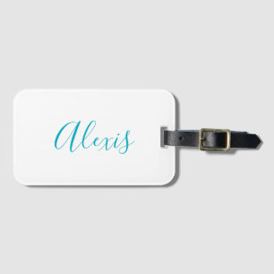 Name Calligraphy Script Plain Simple White Blue Luggage Tag