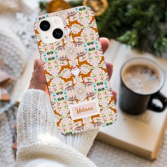 Name Christmas Reindeers Pink Seamless Pattern iPhone Case (Creator Uploaded)