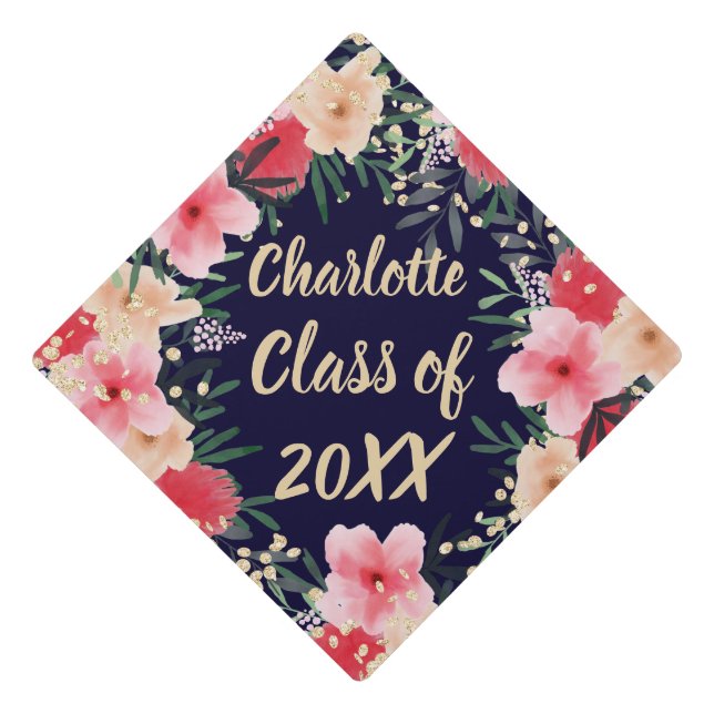 Name class year pink red floral glitter graduate graduation cap topper (Front)