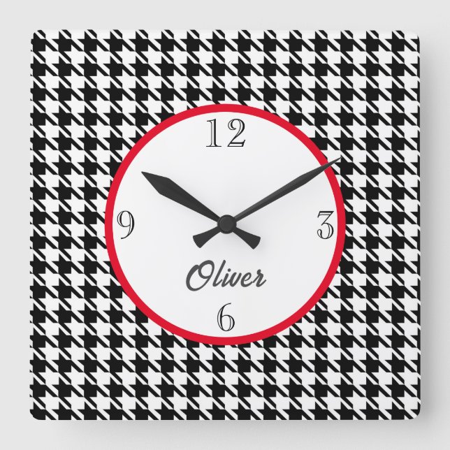 Name, Classic Houndstooth Plaid Pattern Square Wall Clock (Front)